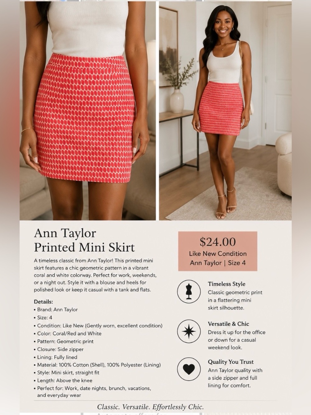 Ann Taylor Coral and White Geometric Mini Skirt